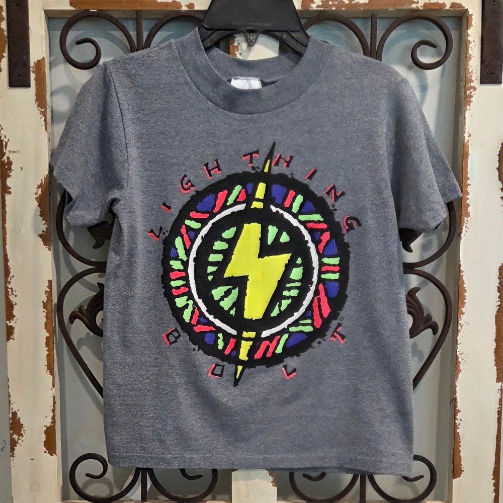 Vintage Lightning Bolt Kids T Shirt Gray Neon Logo Graphic USA Made Size 8 Surf
